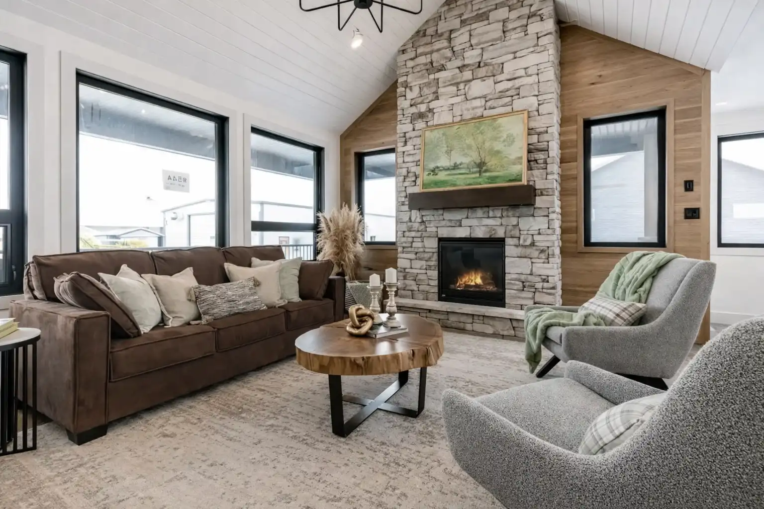 Comfortable living room with stone fireplace