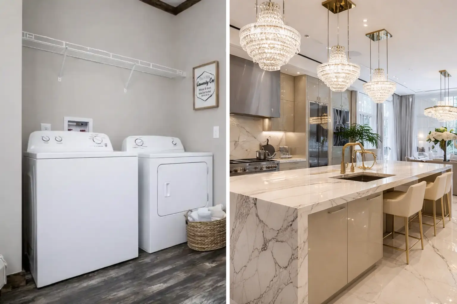 Clean modern laundry room and kitchen